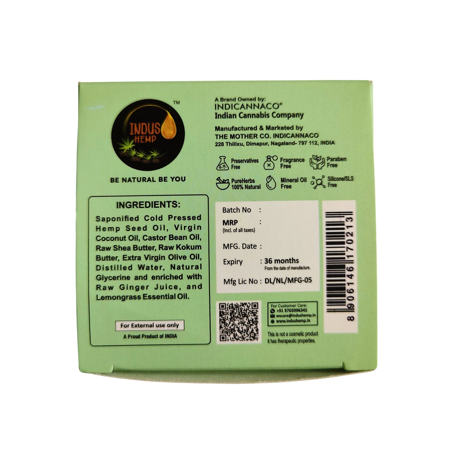 Indus Hemp Ginger & Lemongrass Soap Bar 100g